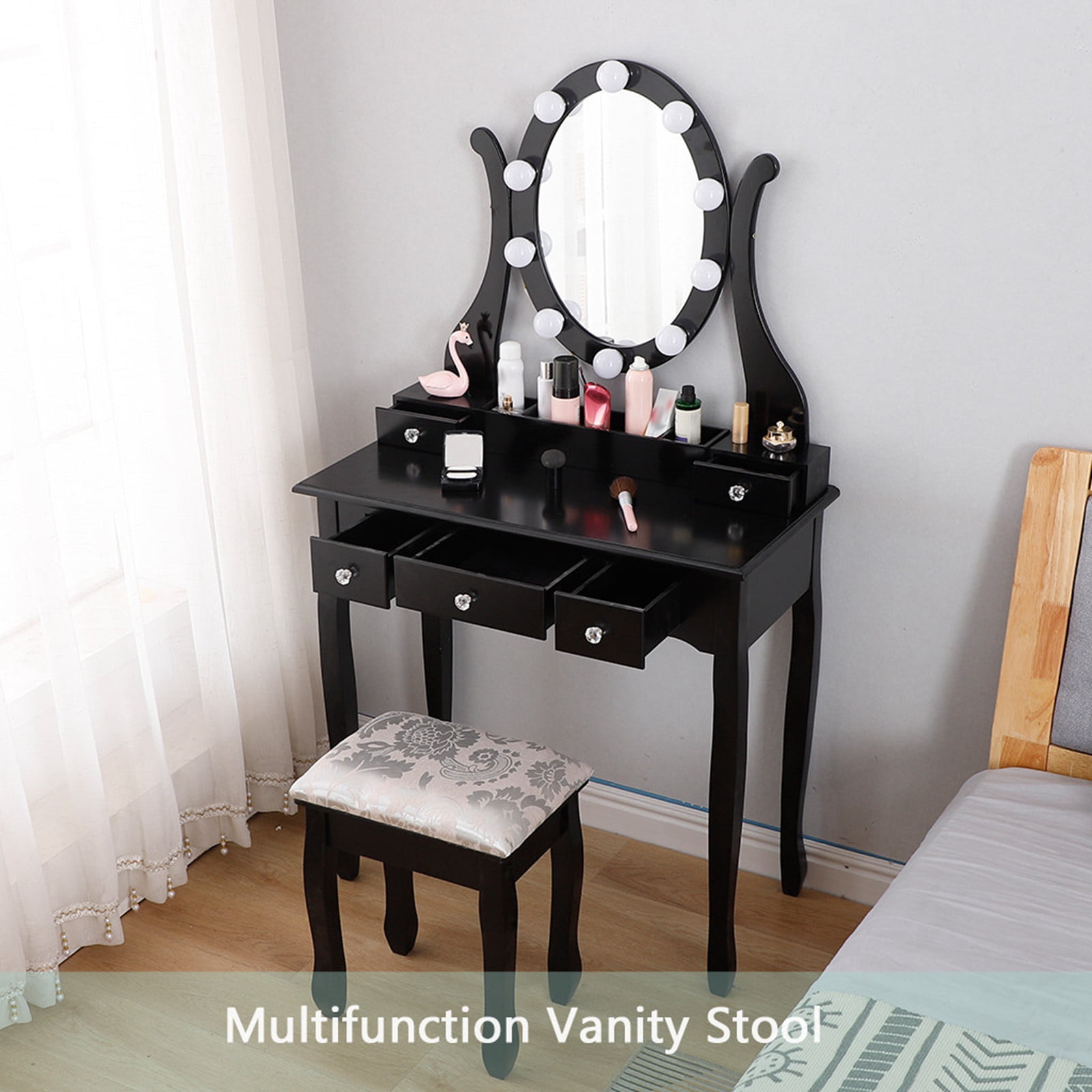 Details about   Vanity Set Makeup Dressing Table Desk For Bedroom 10 Led Light Round Mirror 