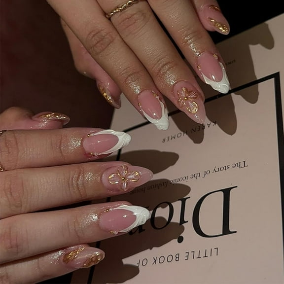 Black Press on Nails Gold Fake Nails Flower Glue on Nails with 3D Design Star Glue on Nails Medium Almond Stick on Nails Glossy Artificial Acrylic Full Cover False Nails for Women Manicure 24Pcs