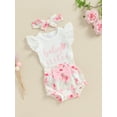 thumbnail image 3 of Suealasg Baby Girls 3Pcs Summer Clothes 3 6 12 18 24 Months Infant Short Sleeve Letter Heart Print Romper +Floral Print Shorts + Headband Set Newborn Girls Casual Outfit, 3 of 8