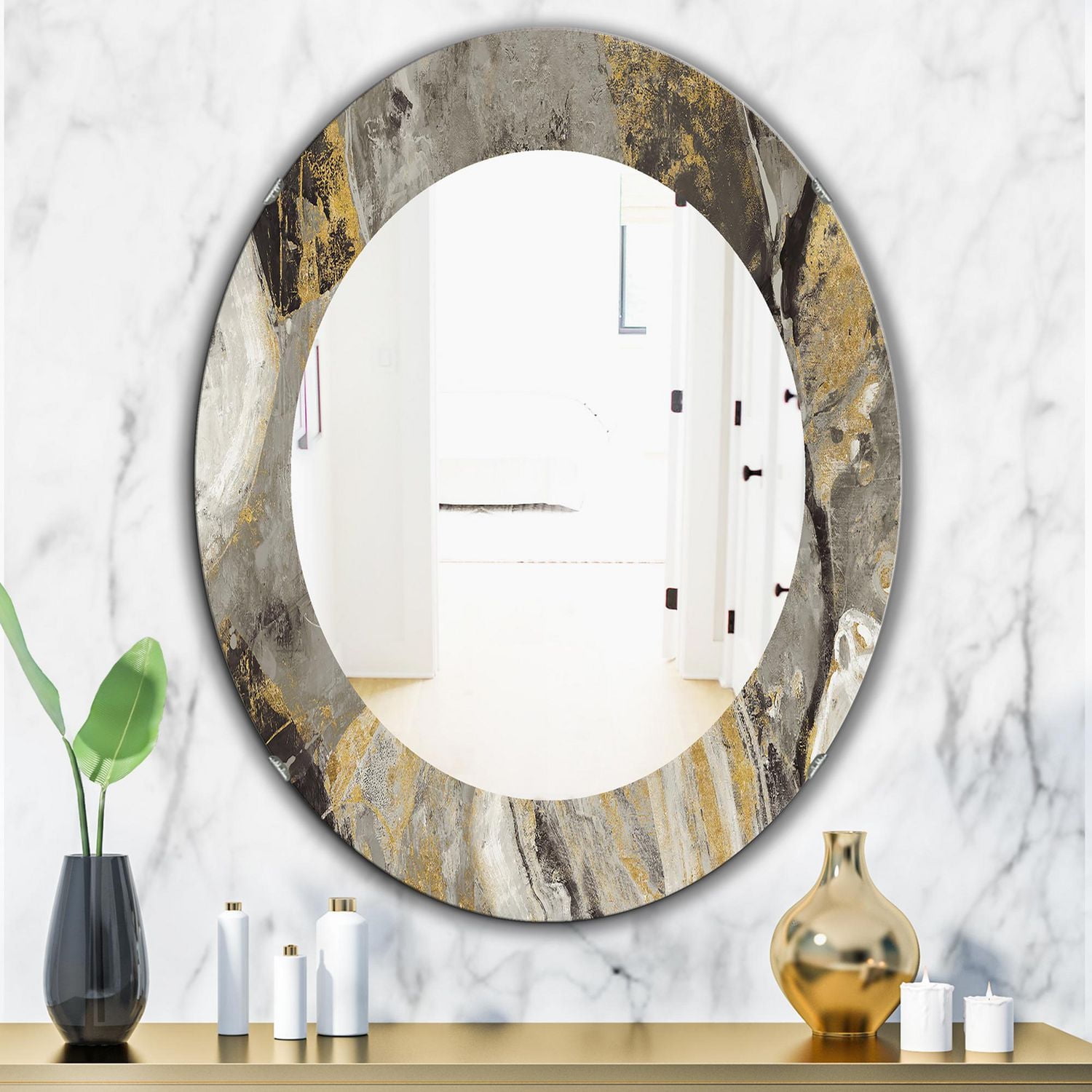 Designart 'Painted Gold Stone' Traditional Mirror - Oval or Round Wall Mirror - 24x36