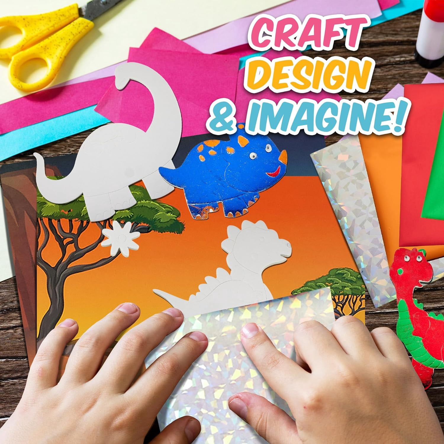Playbees Foil Fun Dinosaurs - Preschool Arts and Crafts Kit for Kids- No Mess Art for Boys & Girls Ages 4, 5, 6, 7, 8, 9 Years Old - DIY Creative Activity - Art & Craft Activity - Art Supplier Toys