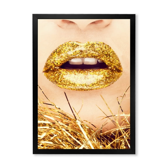 Designart 'Close-Up Of Golden Female Lips I' Modern Framed Art Print