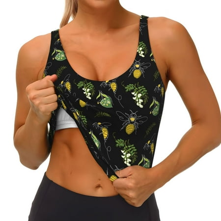 Qokaie Bee Floral Pattern Womens Scoop Neck Sports Bra Breathable Workout Vest Padded U Back Medium Impact Fitness Gym Yoga Bra Workout Crop Top