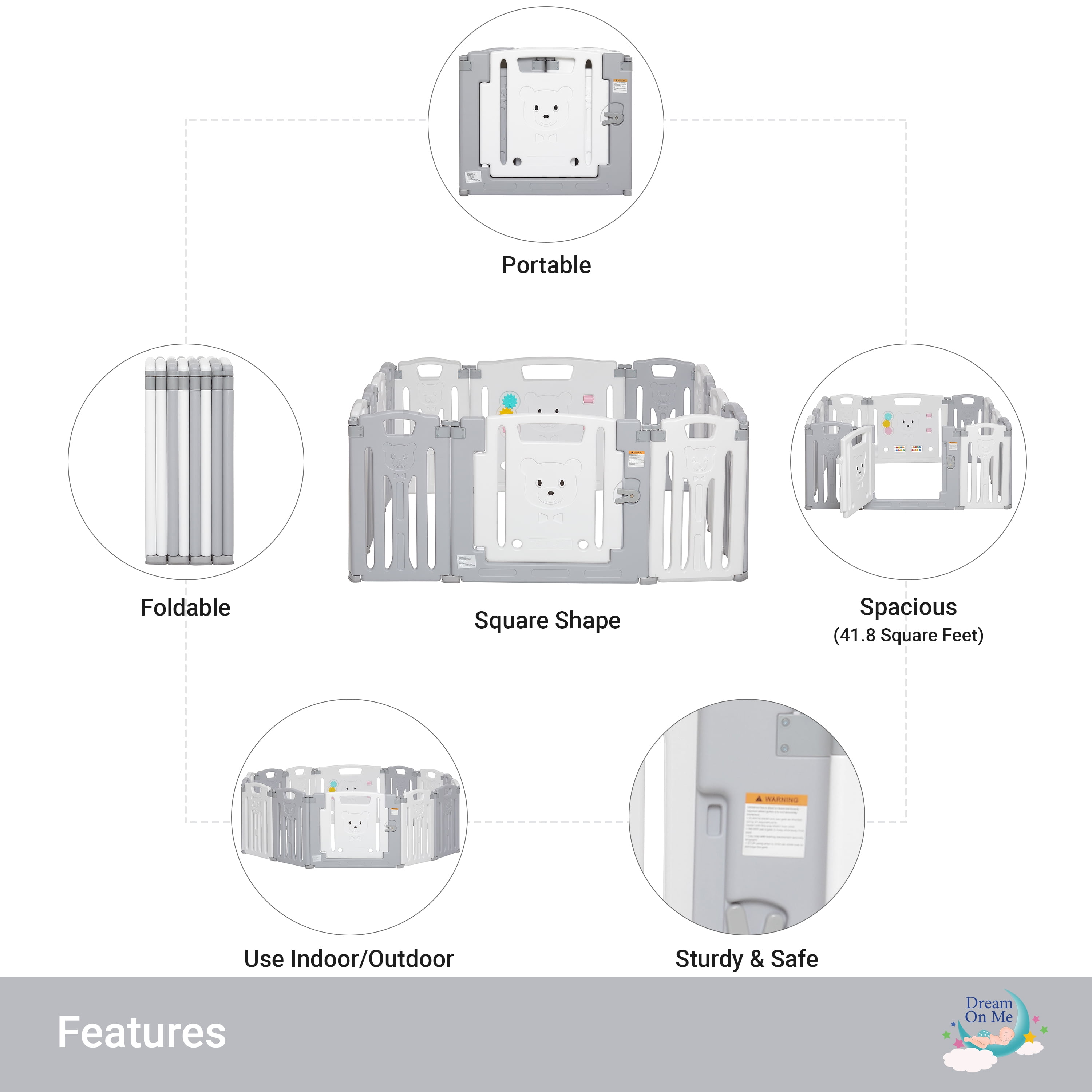 Dream On Me 14-Panel Oasis Play Center/Play Pen/Playard, Grey and White
