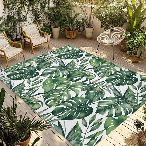 Fsddascl Green Palm Leaves Outdoor Rug for Patio/Deck/Porch, Non-Slip Large Area Rug 4 x 6 Ft, Summer Tropical Leaf Indoor Outdoor Rugs Washable Area Rugs, Reversible Camping Rug Carpet Runner