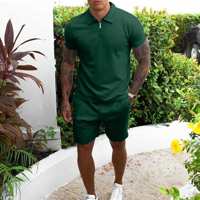 TIMIFIS Men's Short Ensembles Outfits 2 Piece Survêtement Short Manches Décontracté Uni Col Rabattu Zip Pull Sport Short Manches Costume - Automne