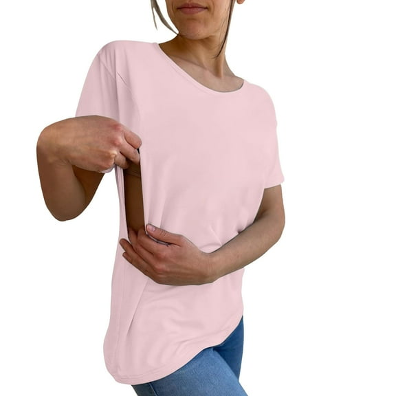 Nursing Breastfeeding Shirts for Maternity Women Summer Comfort Tops Friendly Zip T Shirts Women's Solid Color Round Tie Zipper Loose Casual Short Sleeved Top Pink Xl