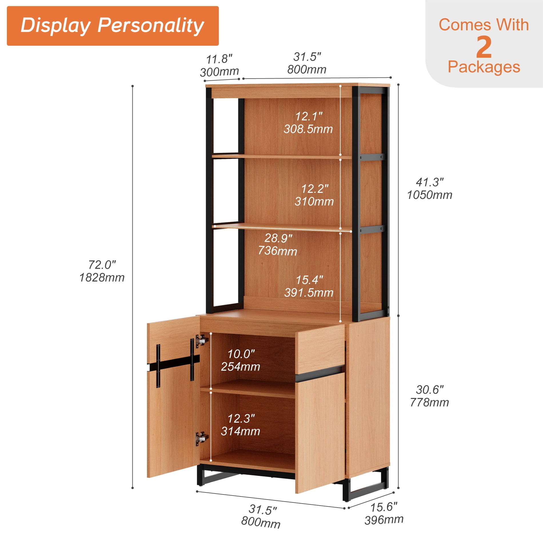 Modern 72" Tall Library Bookcase with Metal Base & Adjustable Shelves, Wood Bookcase with Storage Cabinet & Open Shelves for Home Office & Living Room, Mocha