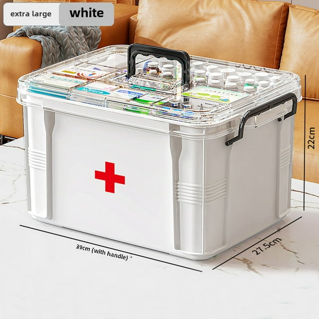 Extra-Large White Multi-Layer Medicine Organizer: Transparent Storage Box for Home & Healthcare Use, Durable Plastic Construction, Easy-Clean Surface, Ideal for Emergency Medication & Essential