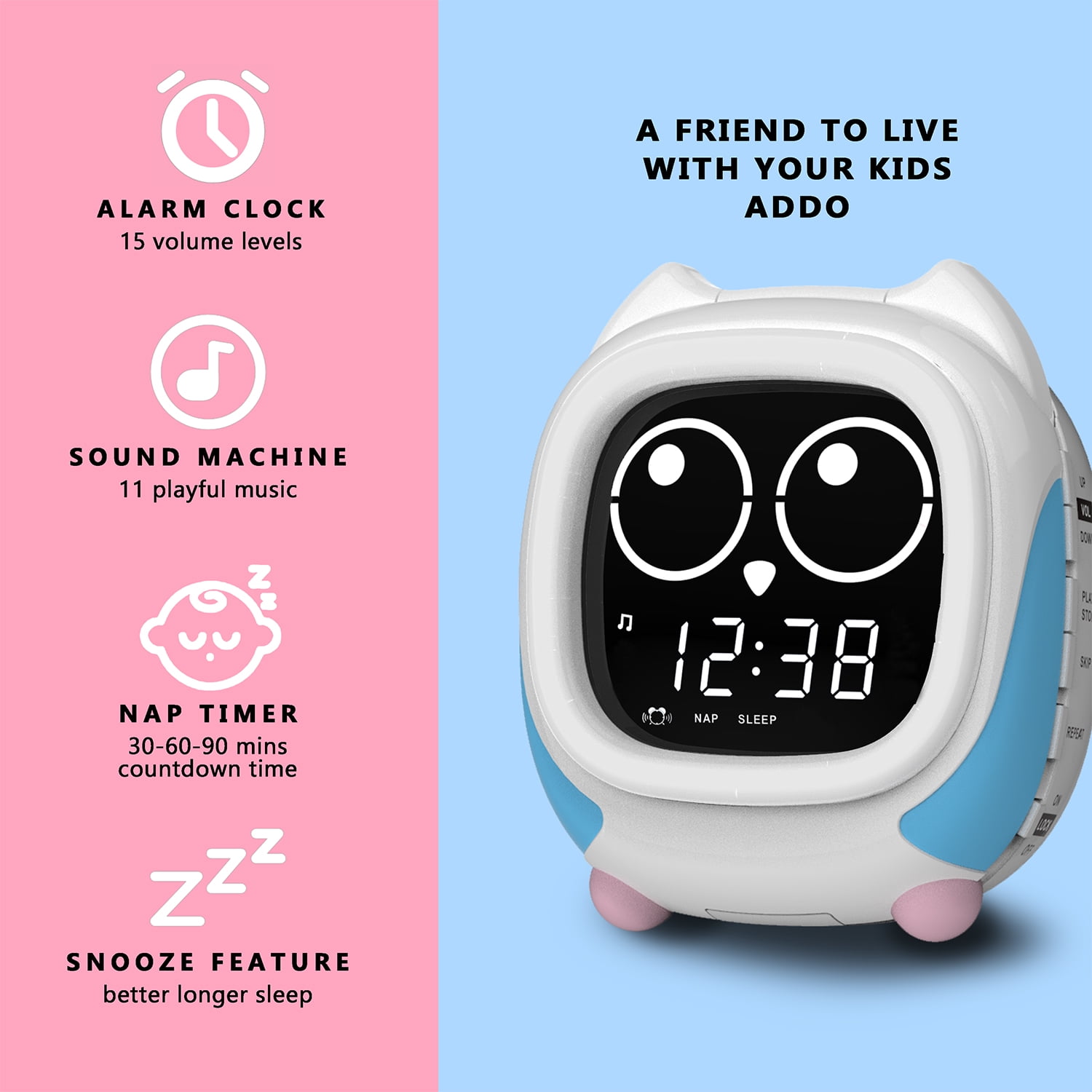 Addo Kids Alarm Clock,Sunrise/Sunset Simulation Bedside Lamp, Grow Children's Clock Trainer,White Noise Sleep Sounds Wake Up Clock Owl iTOMA CKS912