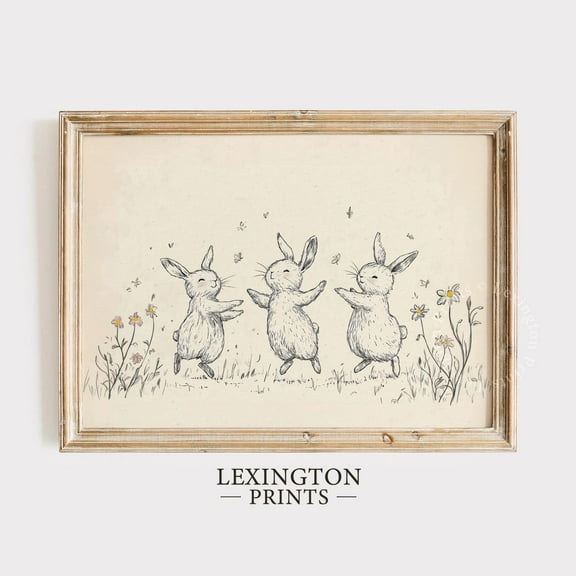 Miluva Dancing Bunny Print, Nursery Wall Art, Bunny Wall Art Bunny Decor, Beige Nursery Wall Art Bunny Sketch Baby Room Art Floral 1065 ,Decor For Living Room Bedroom, 8x12 UNFRAMED