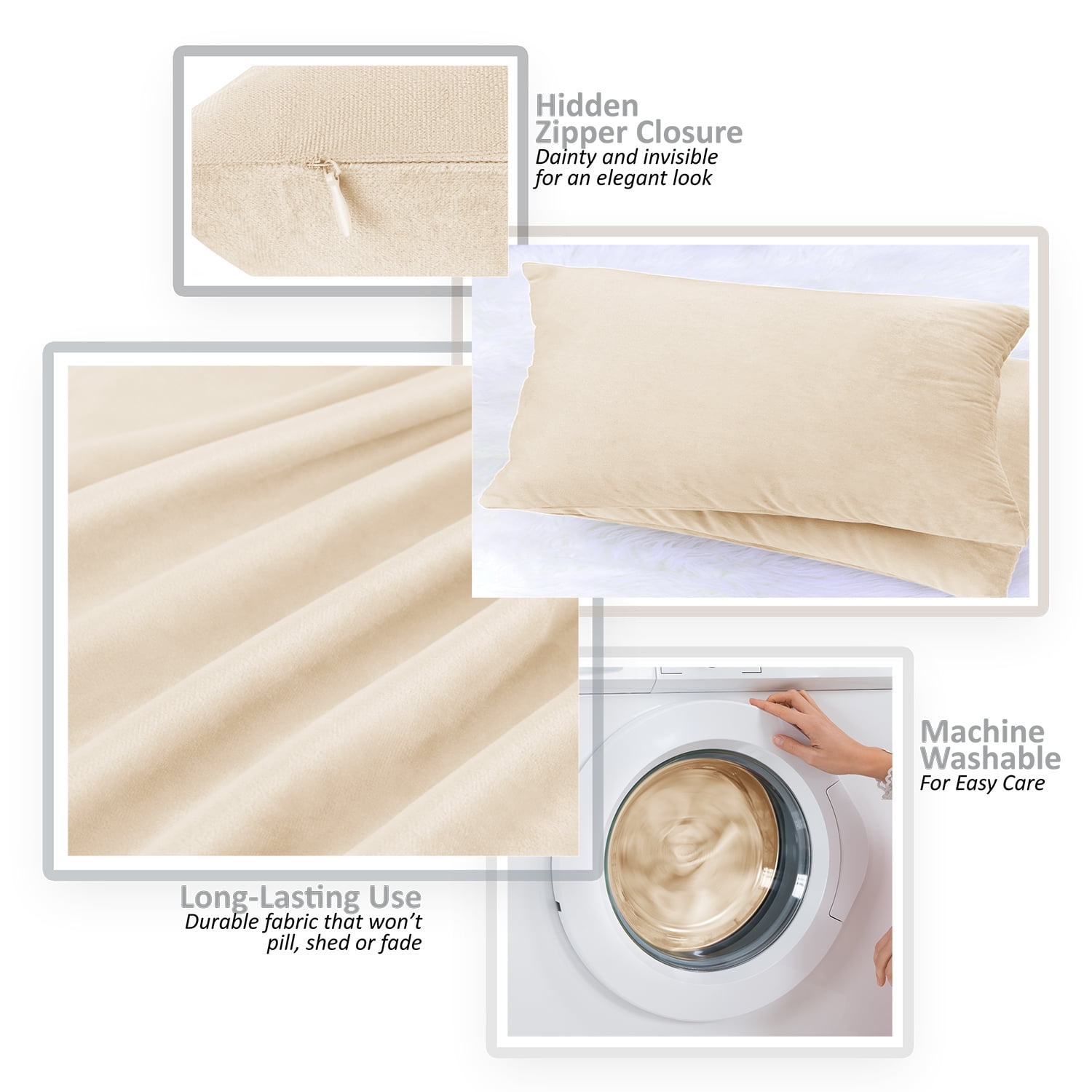 Clara Clark Plush Solid Decorative Microfiber Square Throw Pillow Cover with Throw Pillow Insert for Couch, Biege Cream, 26"x26"", 4 Piece Decorative Soft Throw Pillow Set