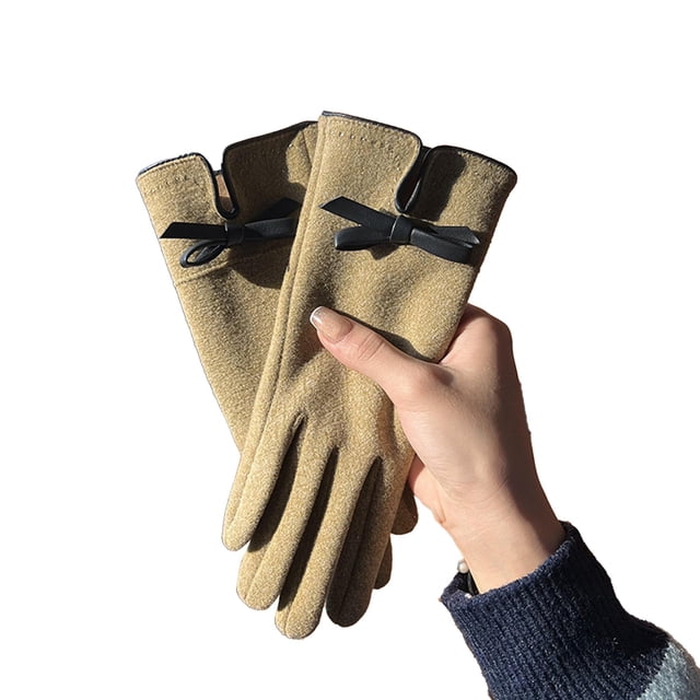 Comdrip Gloves for Winter Ladies' Warm Gloves with Bows Suitable for Work with Extra Fleece Thickened and Windproof for Cycling Womens Gloves for Cold Weather Khaki One Size