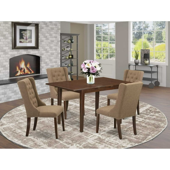 East West Furniture PSFO5-MAH-47 5-Pc Modern Dining Set Includes 1 Butterfly Leaf Dining Table and 4 Light Sable Linen Fabric Kitchen Chairs with Button Tufted Back - Mahogany Finish