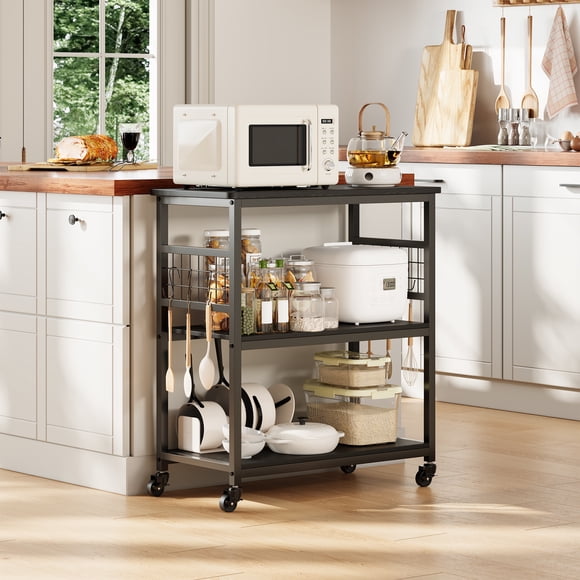 Kitchen Island – 3 Tier Rolling Cart with Wheels – Bakers Rack & Utility Cart – 6 Detachable Hooks – 4 Swivel Casters – Rustic Black
