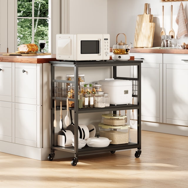 Kitchen Island – 3 Tier Rolling Cart with Wheels – Bakers Rack & Utility Cart – 6 Detachable Hooks – 4 Swivel Casters – Rustic Black