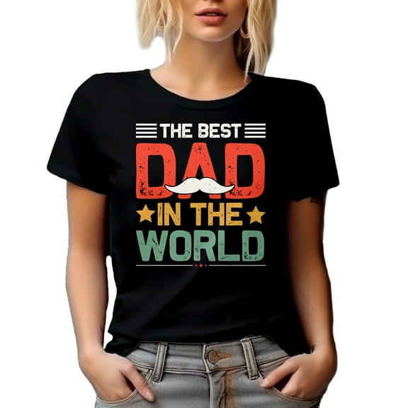 The Best Dad in the World feat. a Mustache - Dad's Birthday or Father's Day, Black T-Shirt, Small