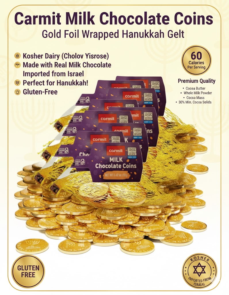 Chocolate Coins, Gold Foil Wrapped Hanukkah Gelt, Kosher Dairy, 8