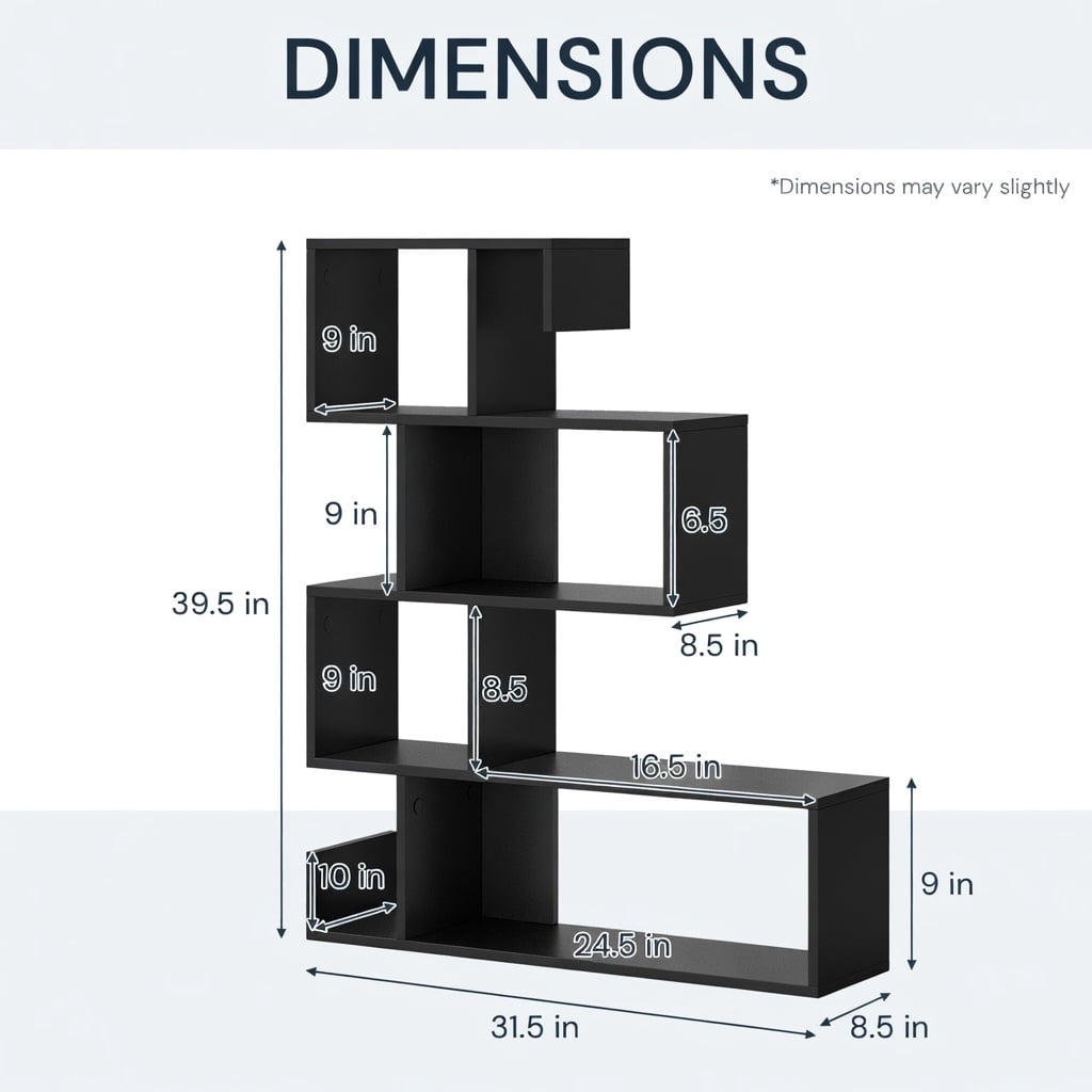 Demi Bonn 5-Tier S-Shaped Bookshelf Geometric Z-Shelf Bookcase with Open Cubes, Black