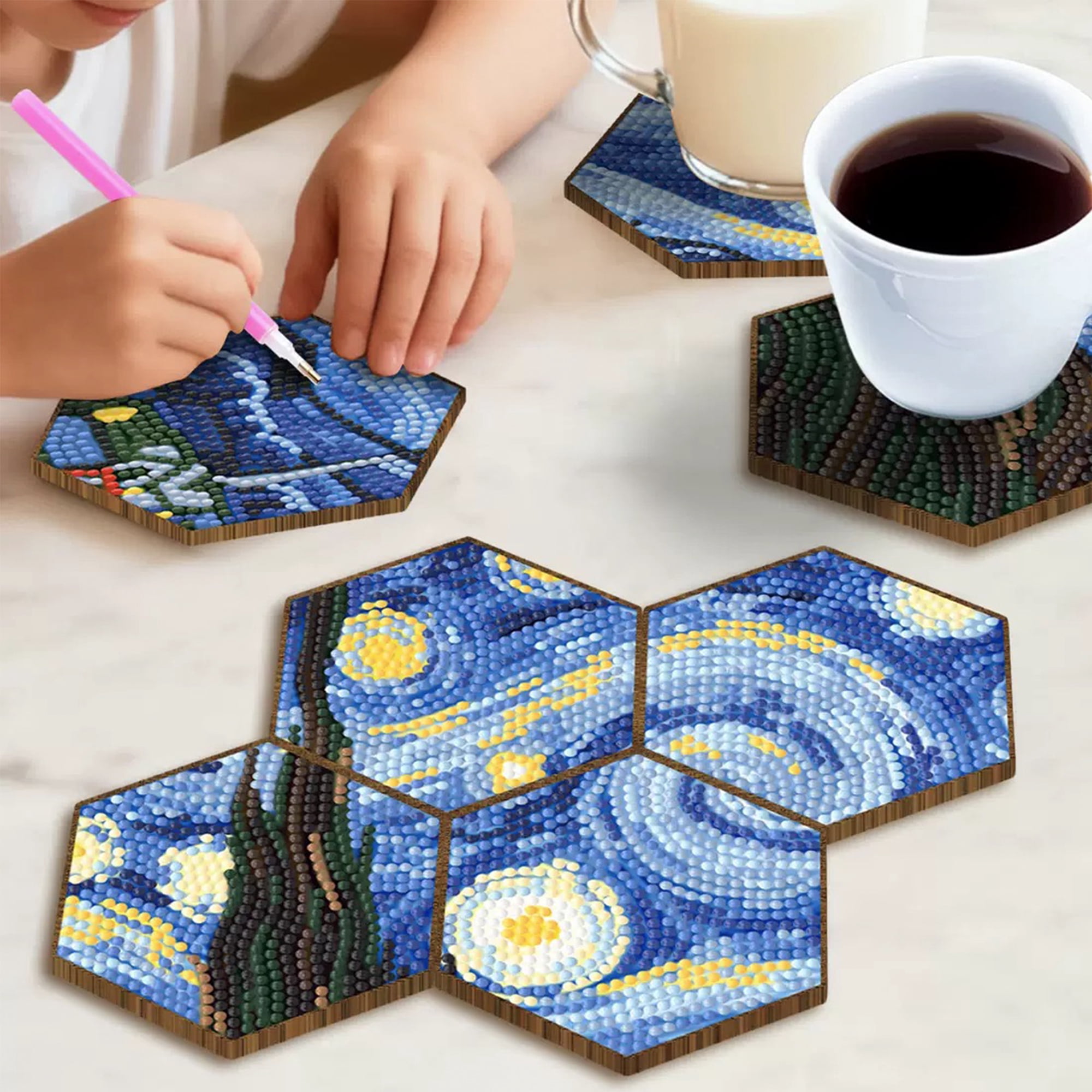 YIFEI Hexagon Diamond Art Coasters Kit with Holder 7 Pcs Starry Sky Mosaic Diamond Painting Coasters DIY Craft for Adults Beginners Gift
