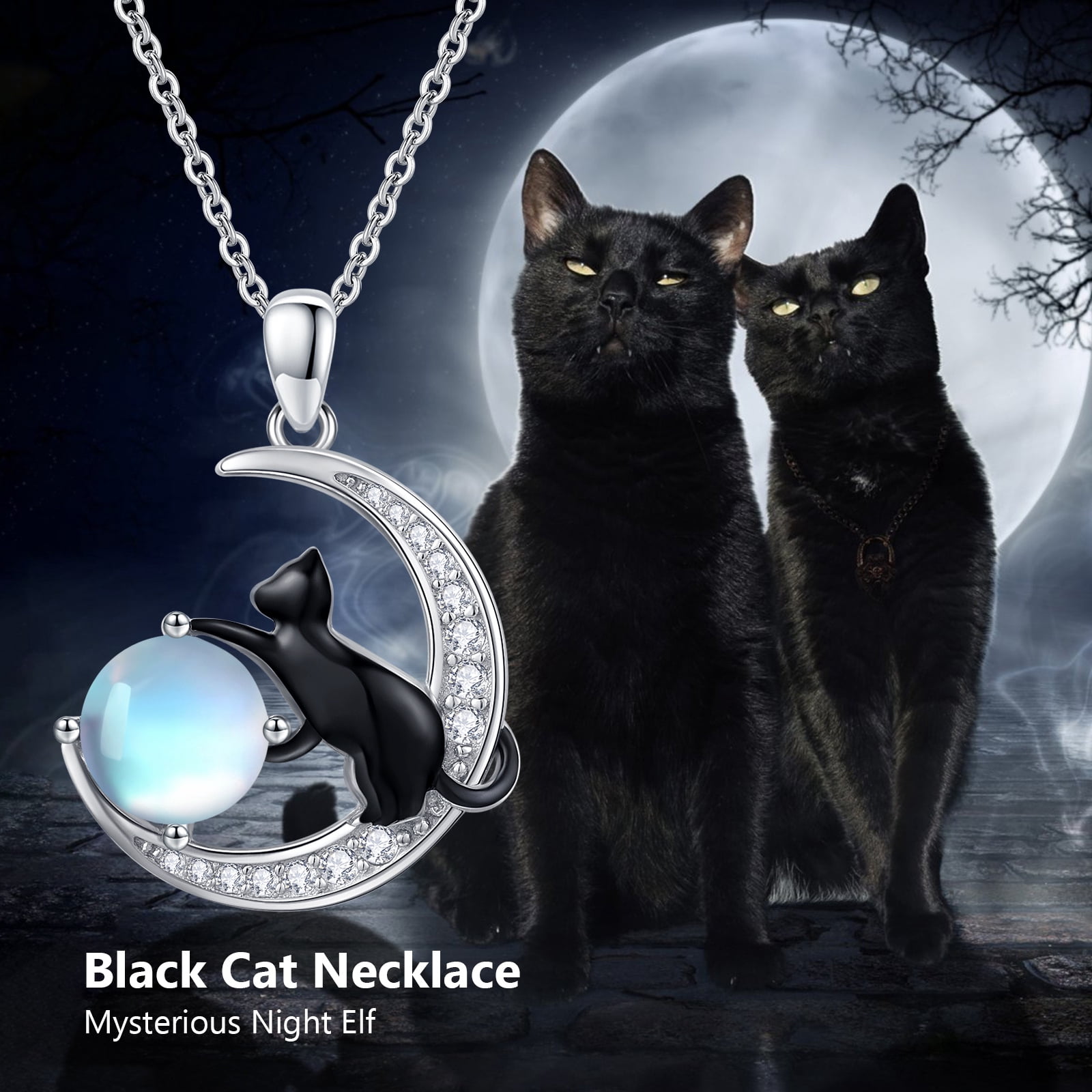 Coachuhhar Black Cat Necklace 925 Sterling Silver Cute Animal Pendant Necklace Moonstone Jewelry Gifts for Women Mom Wife