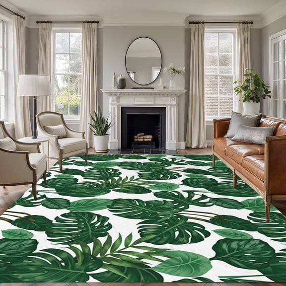 Round Rugs 8 Ft, Tropical Palm Leaf Non Slip Area Rugs for Kitchen Bedroom Entryway, Spring Summer Watercolor Green Plants Washable Carpet Runner Rug Floor Mats for Bedroom Home Decor