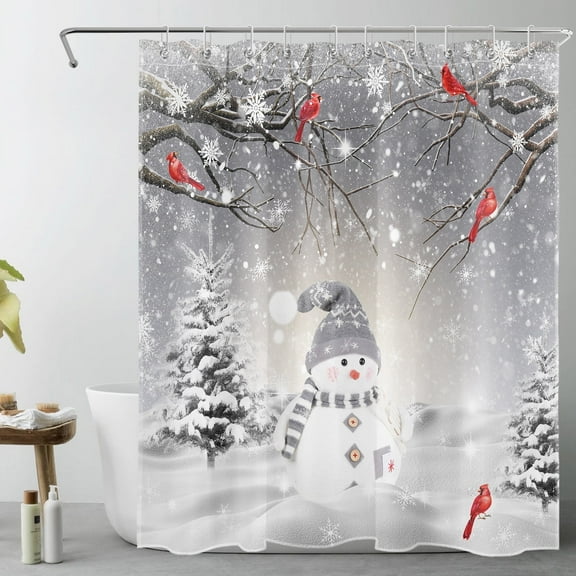 Winter Christmas Shower Curtain, Cute Snowman and Cardinals on Snowfield Fabric Shower Curtain with Hooks, Gray Winter Snow Scene Bathroom Decor 60x72 inch