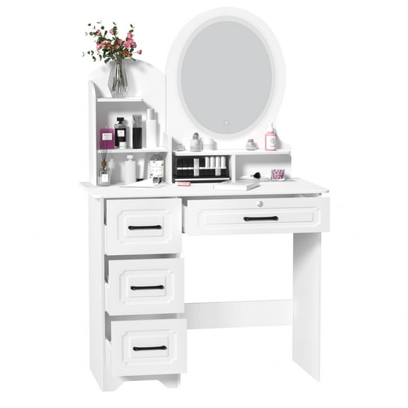 Aruwei Large Makeup Desk with Mirror, Vanity Desk with Storage Shelves, 4 Drawers, LED Light, Bedroom Dressing Table