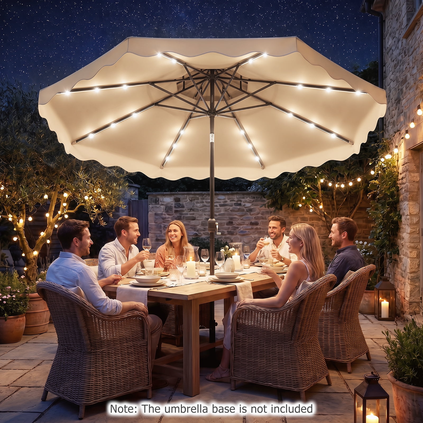 Costway 10 FT Solar LED Patio Umbrella, Push-Button Tilt & Crank, 24 LED Lights & 8 Ribs Beige