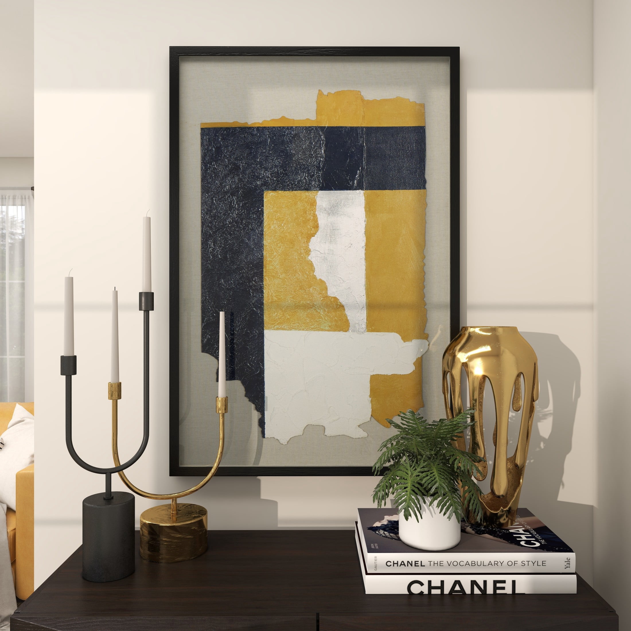 24" x 36" Layered 3D Textured Abstract Framed Wall Art with Gray Backing and Navy Blue Accent, by DecMode