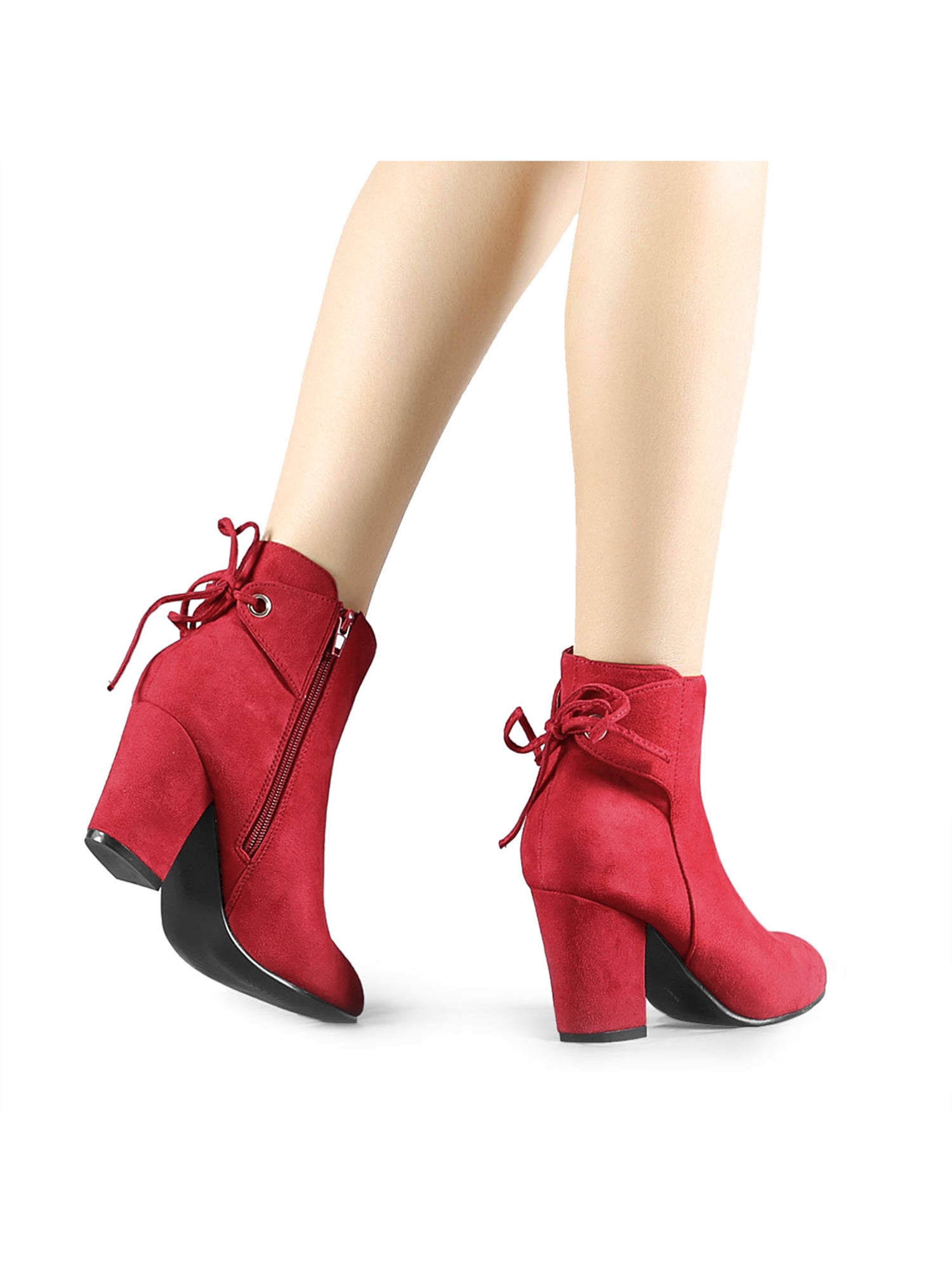 Unique Bargains Women's Round Toe Block Heel Back Zipper Ankle Boots Red 10