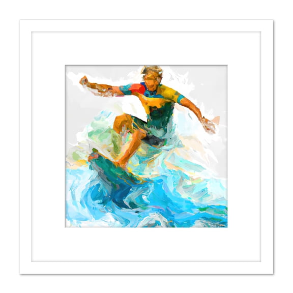 Surfer Surfing Riding Point Break Wave Water Sport Sea Oil Painting Square Wooden Framed Wall Art Print Picture 8X8 Inch