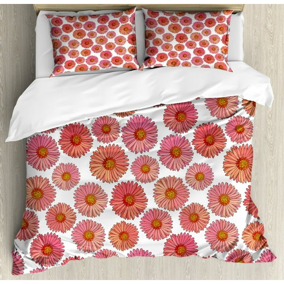 Aster Duvet Cover Set King Size, Pink Blooms Flower Field Essence Fragrance Mother Nature Tropical Flourish, Decorative 3 Piece Bedding Set with 2 Pillow Shams, Pink Coral White, by Ambesonne