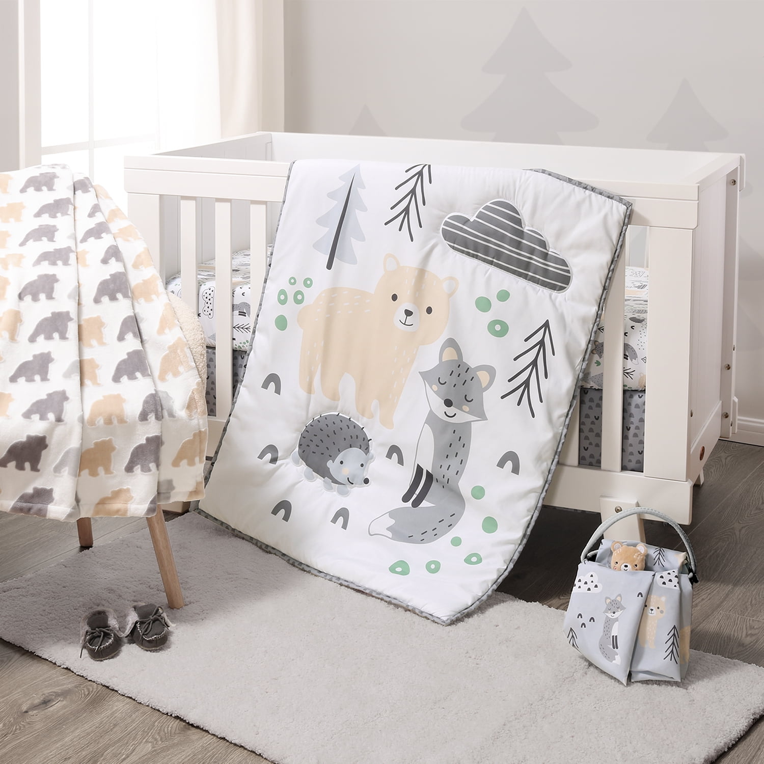 The Peanutshell Grey, Tan and Green Woodscape 5 Piece Crib Bedding Set for Baby Boys or Girls, Nursery Set with Blanket