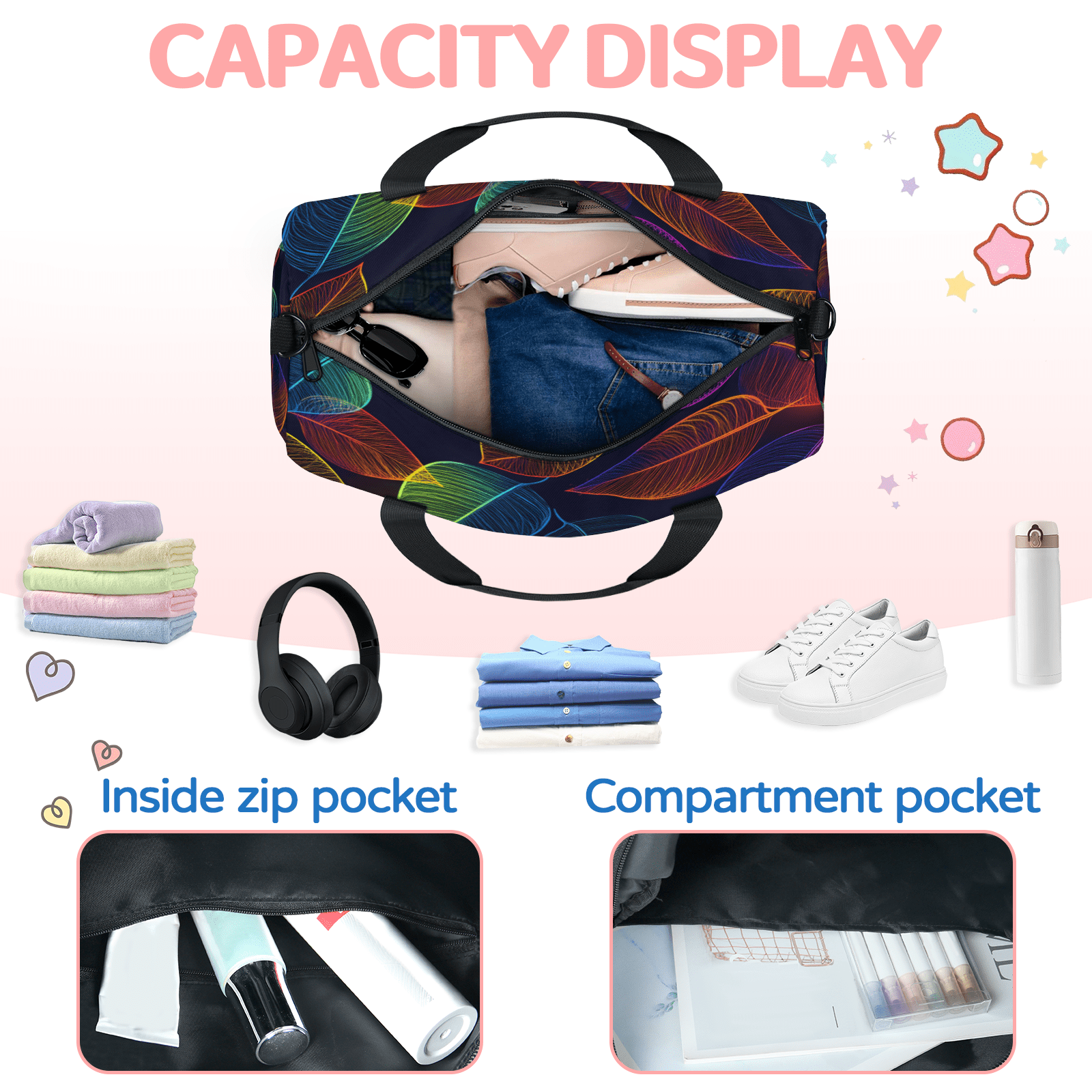 Herdesigns Leaves Travel Duffle Bag Sports Yoga Weekender Overnight Carry on Workout Bags Lightweight Waterproof Gym Tote Bag for Women Colorful Leaf