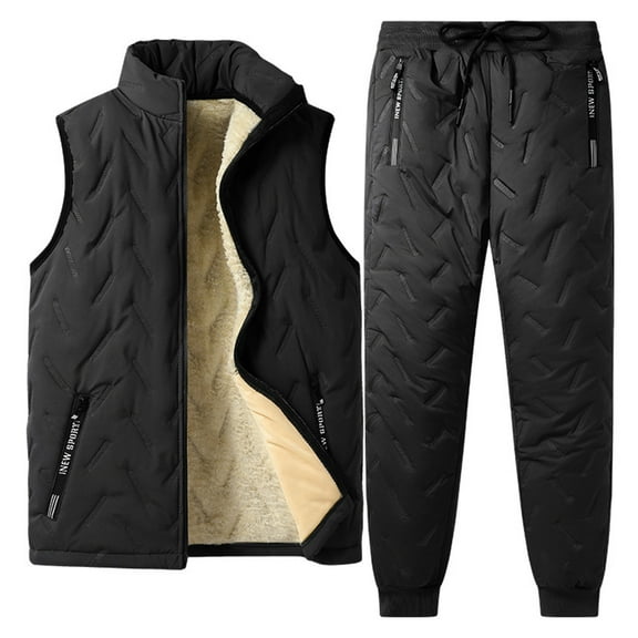 Men’s Quilted Vest and Pants Set with Fleece Lining Casual Stand Collar Sleeveless Outerwear and Drawstring Waist Trousers