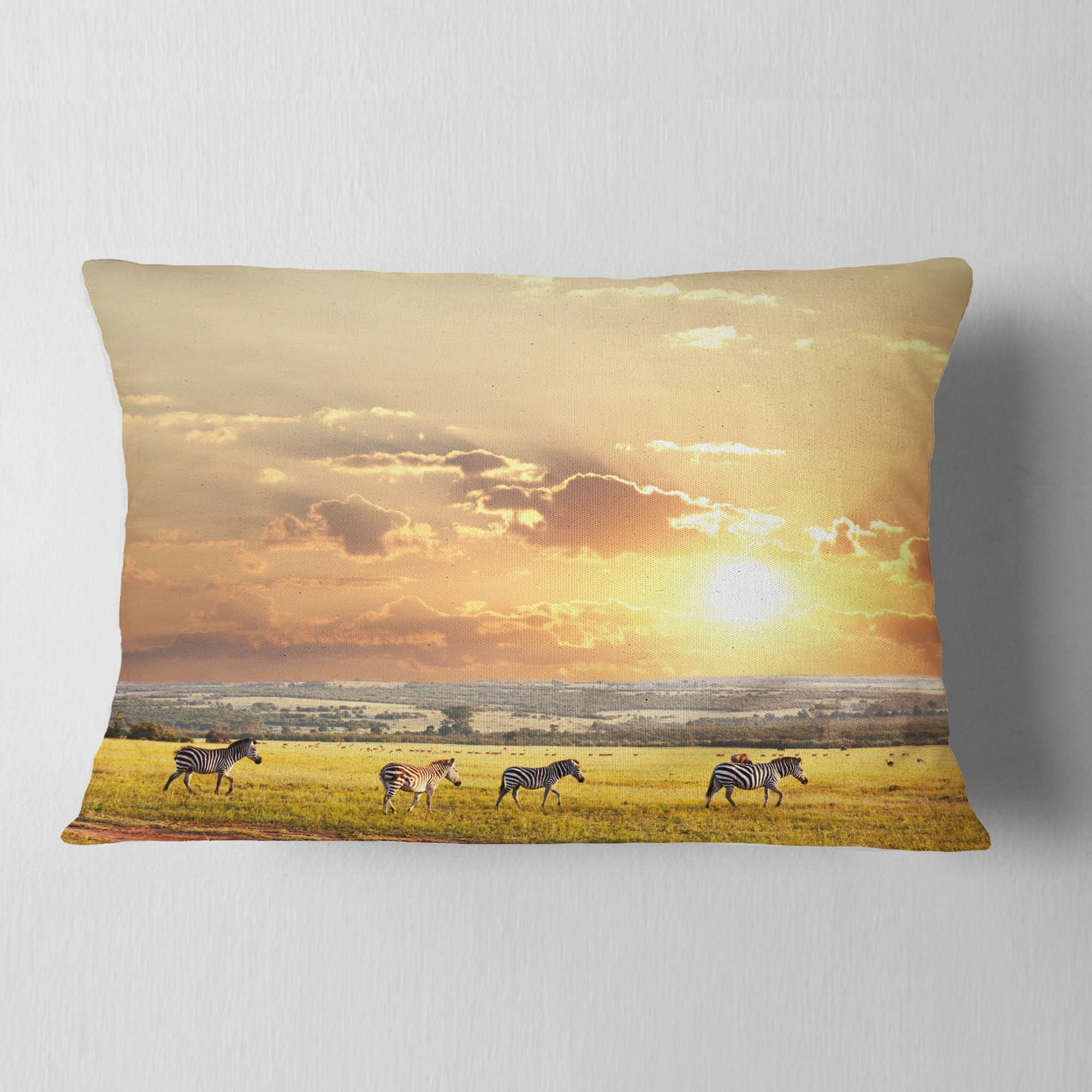 Designart Zebras Wandering in African Prairie - Landscape Printed Throw Pillow - 12x20