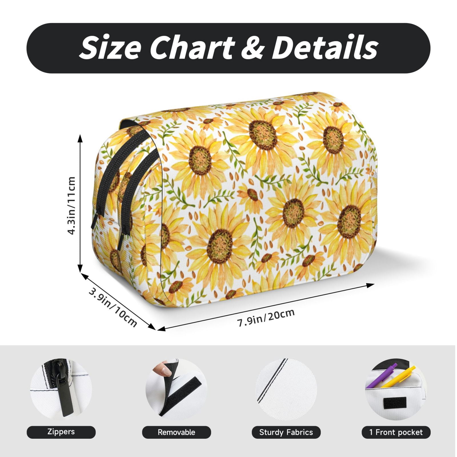 Rateoe Watercolor With Sunflowers Pattern Double Clamshell Pen Case, Storage Organizer with Two Zipper Compartments– Holds Up to 50 Pencils & Pens