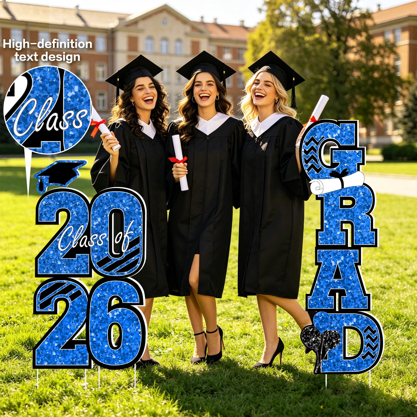 Extra Large 2026 Graduation Yard Sign Blue and Black Graduation Decorations Class of 2026 Waterproof Congrats Grad Garden Lawn Decor with Stakes for College School Grad Ceremony Party