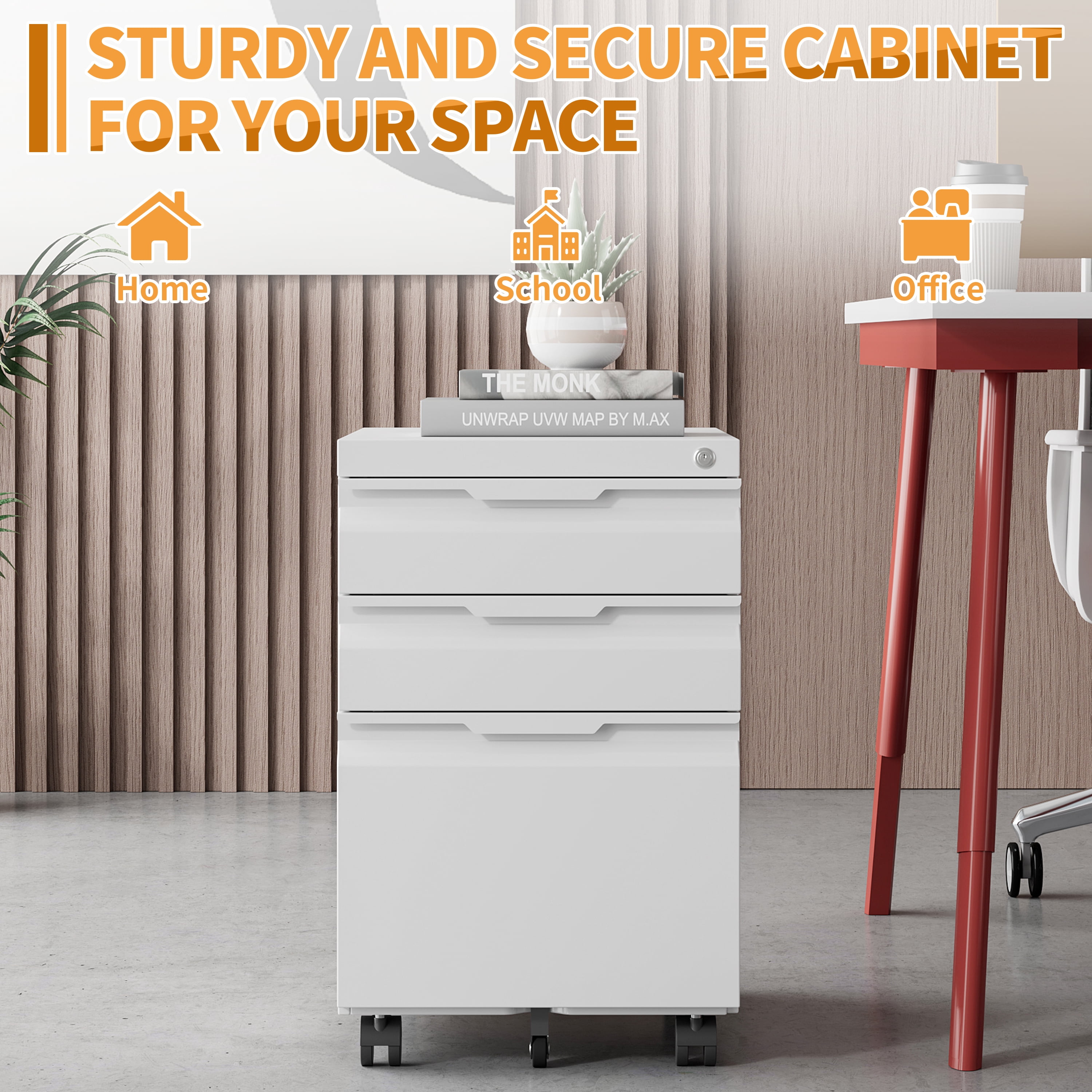 Mobile File Cabinet for Home Office, 3-Drawer Under Desk Filing Cabinet with Lock, Vertical Metal Storage Cabinet On Wheels for Legal/Letter/A4 Files(14.6''W-3 Drawers-Mobile,White)