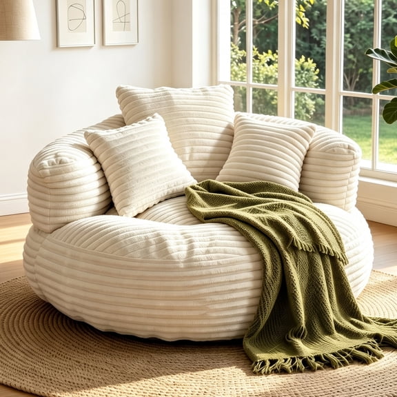 Aukfa 42.5"W Oversized Round Chaise Lounge Chair Indoor, Corduroy Floor Sofa with 3 Pillows, 550 lbs, Beige