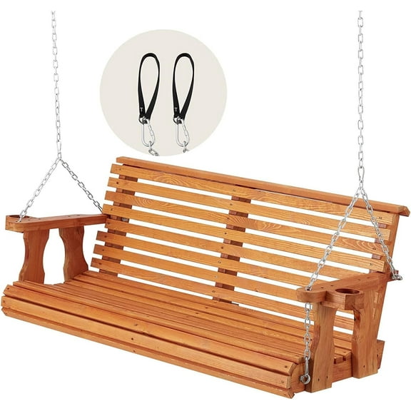 AECOJOY 6.5FT Wooden Porch Swing 2-Seater, Outdoor Porch Swing with Cupholders, Heavy Duty 800 LBS, Swing Bench for Outdoor