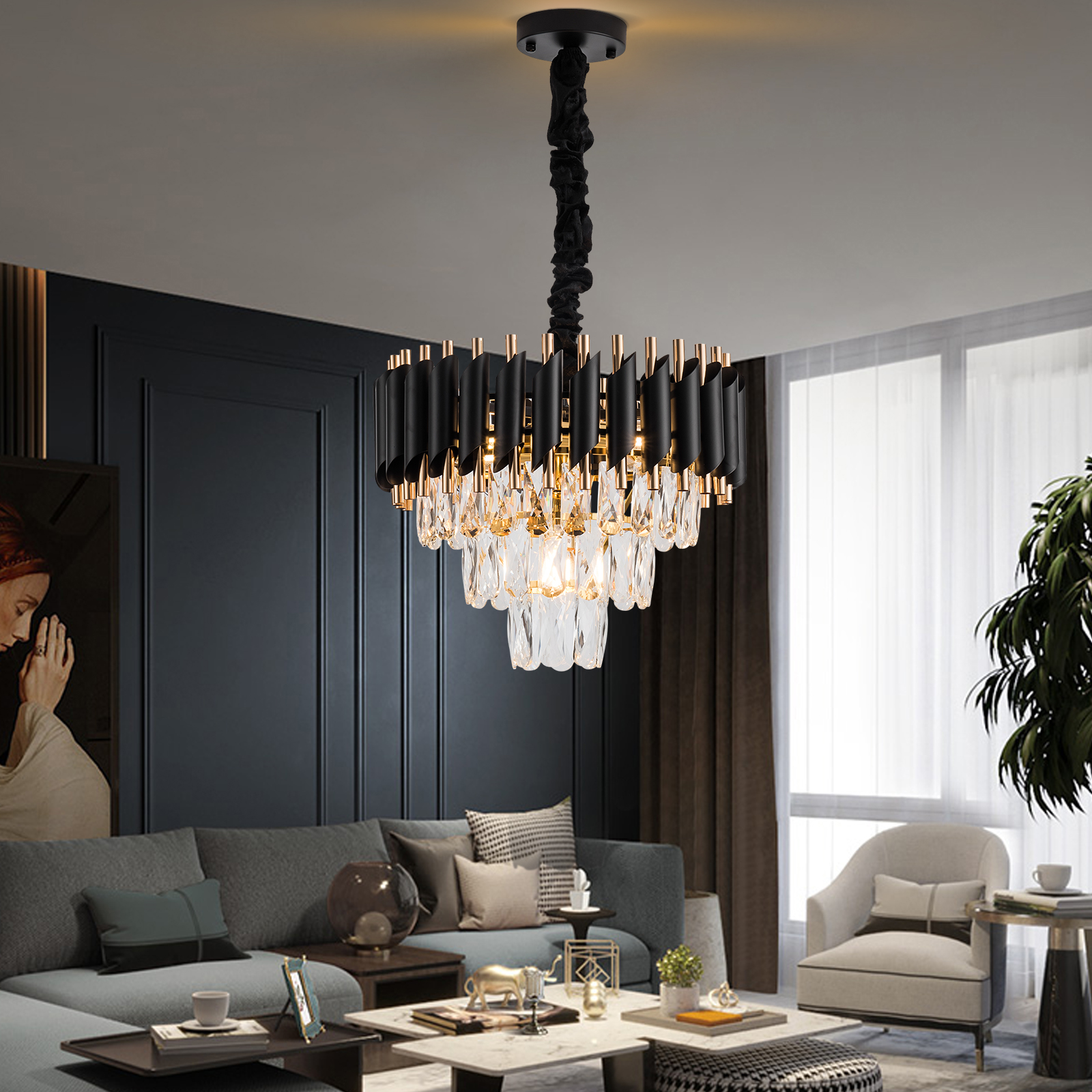 Wozzio Luxurious Crystal Chandelier, 3 -Tier 5-Light Contemporary Empire Style Crystal Chandelier, Crystal Ceiling Pendant Light Fixture For Entryway Foyer Stairwell Living Room, Bulbs Not Included