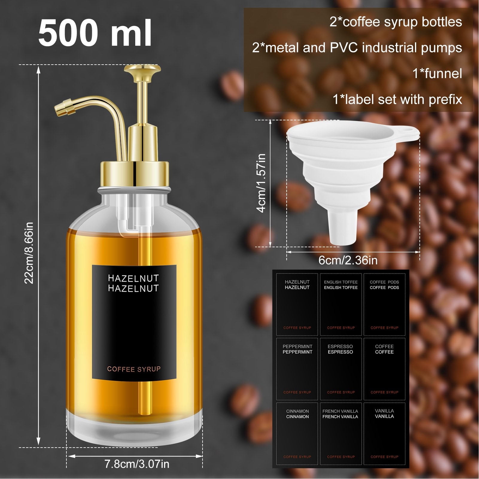 Suodoka 2PCS Coffee Syrup Dispensers 500ml / 16.9 oz Glass Bottle Dispenser with Stainless Steel Pump Home Kitchen Accessories