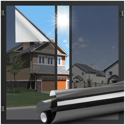 One Way Window Privacy Film,Window Tint for Home,Sun Blocking UV Heat Blocker,See Out Not in Reflective Mirror Film,Removable Static Cling Glass Door Cover,Black Silver,C