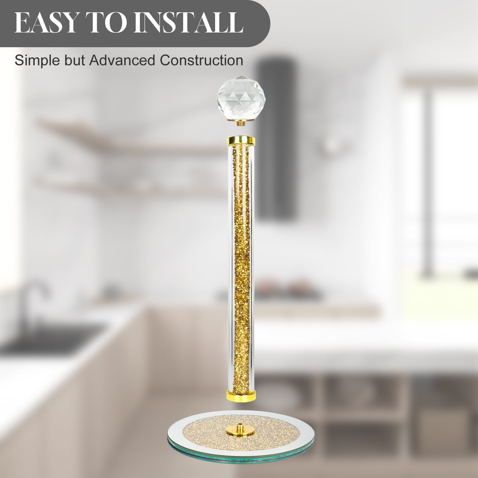 FOUNDLDF Round Base Vertical Paper Towel Holder with Sparkling Crystal Crushed Diamond Accents for Kitchen, Dining Table and Bathroom, Gold