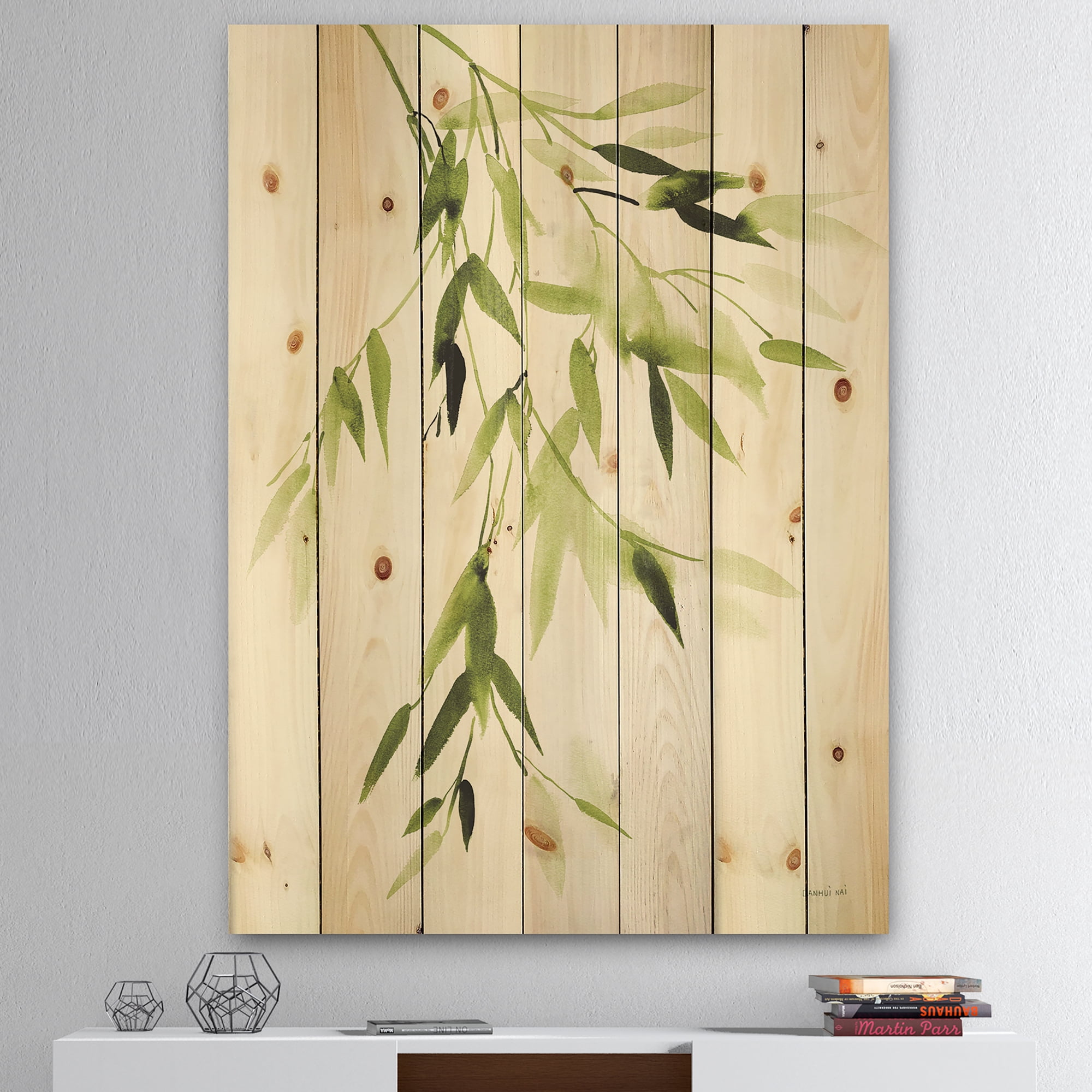Designart 'Abstract Simplist Bamboo Leaves I' Lake House Print on Natural Pine Wood