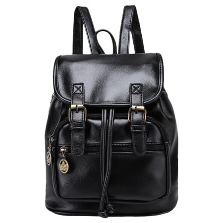 Drawstring Hobo Bag - Backpack, Coofit Vintage Preppy Drawstring Flap Cover Faux Leather Small Backpack Purse for Ladies Women Girls(Black)