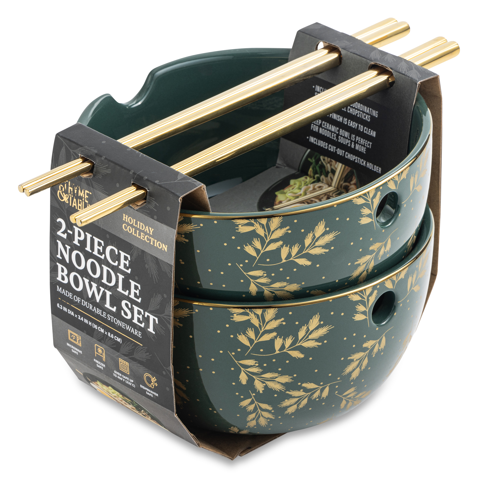 Thyme & Table Holiday Leaves 2-Pack of Ramen Bowls with Chopsticks - Green