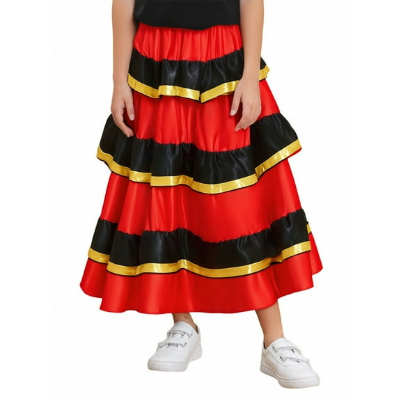 iiniim Full Circle Flamenco Bull Skirts Performance Costume Belly Dance Skirt Spanish Dancewear Red&Black 155-160